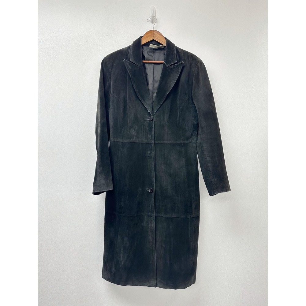 90s Y2K Newport News Minimalist Indie Sleaze Leather Duster Trench Black 14